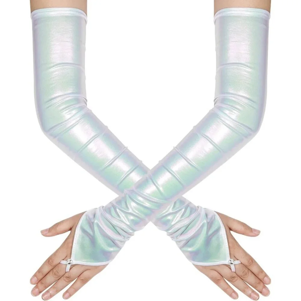 Women's White Shiny Elastic Satin Rave Fingerless Long Gloves Party Costume